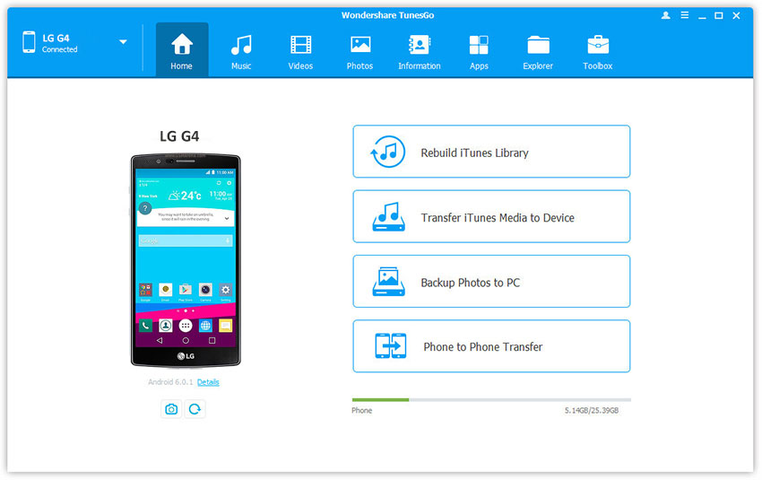 rooteo LG G4 con TunesGo paso 1