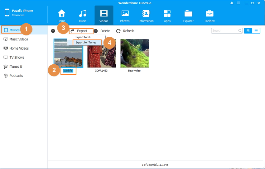 Transfer Videos from iPhone to iTunes Using TunesGo