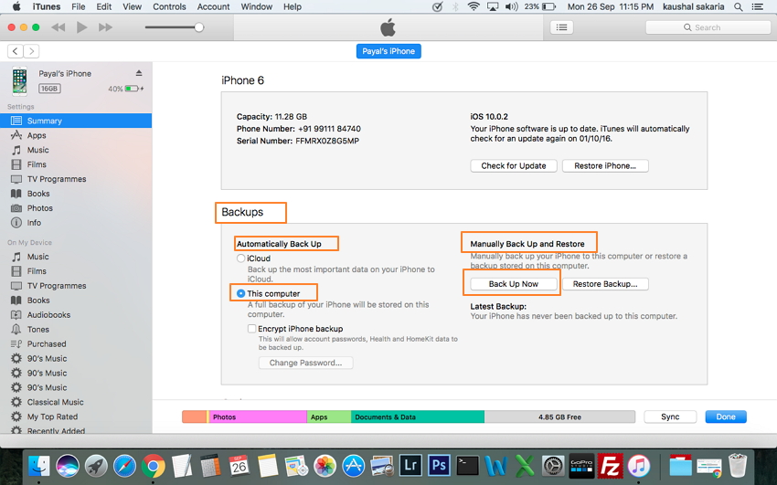 Backup iPhone Data a Mac a iTunes