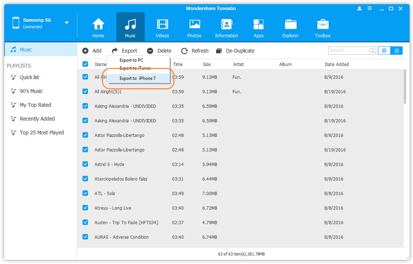 comment transférer de la musique de Samsung Android vers iphone 7 en multiple