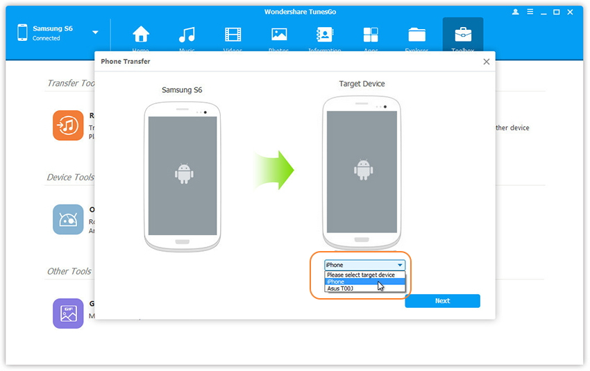 sélectionnez transfert de contacts android vers google pixel