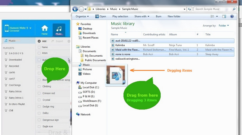 drag and drop music to huawei mate 9 from pc