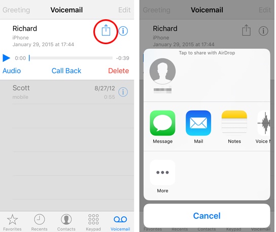 Transfer voicemails from iPhone to iPhone via AirDrop
