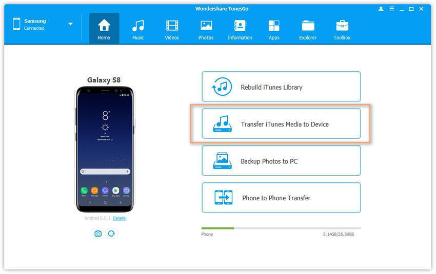 Transfer Music from iTunes to Samsung Galaxy S8