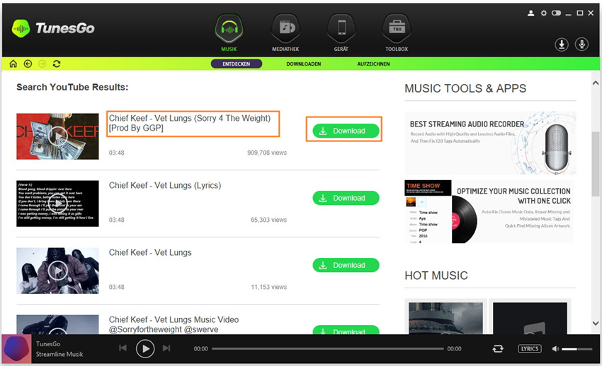 Musik/Playlisten direkt von TunesGo auf iTunes herunterladen