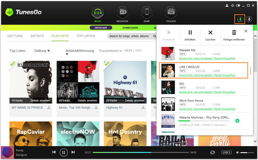 Musik/Playlisten direkt von TunesGo auf iTunes herunterladen