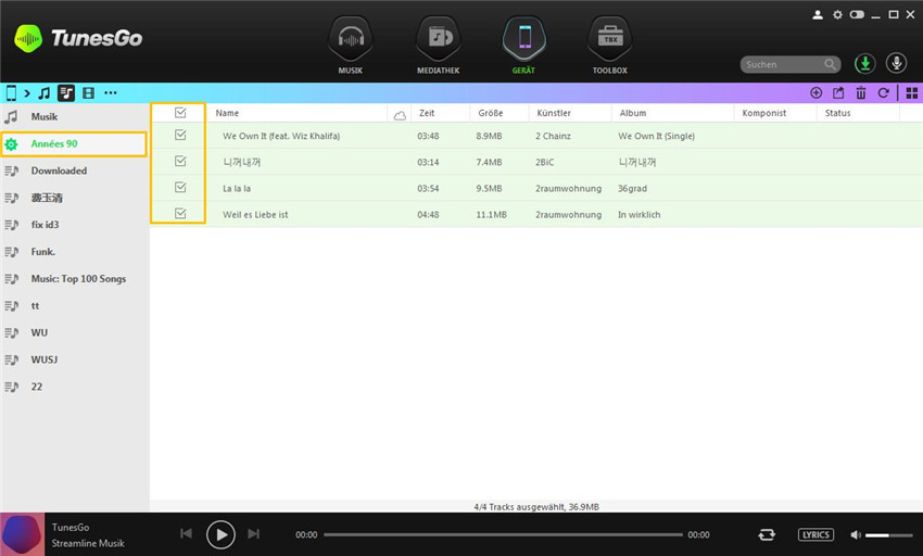 Playlisten vom Gerät auf iTunes übertragen