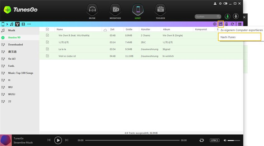 Playlisten vom Gerät auf iTunes übertragen