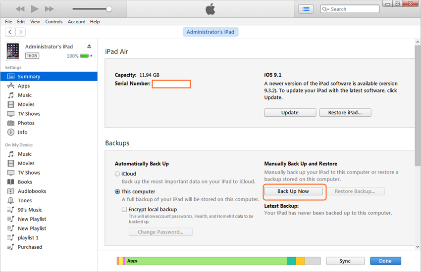 Backup iPad - Use iTunes