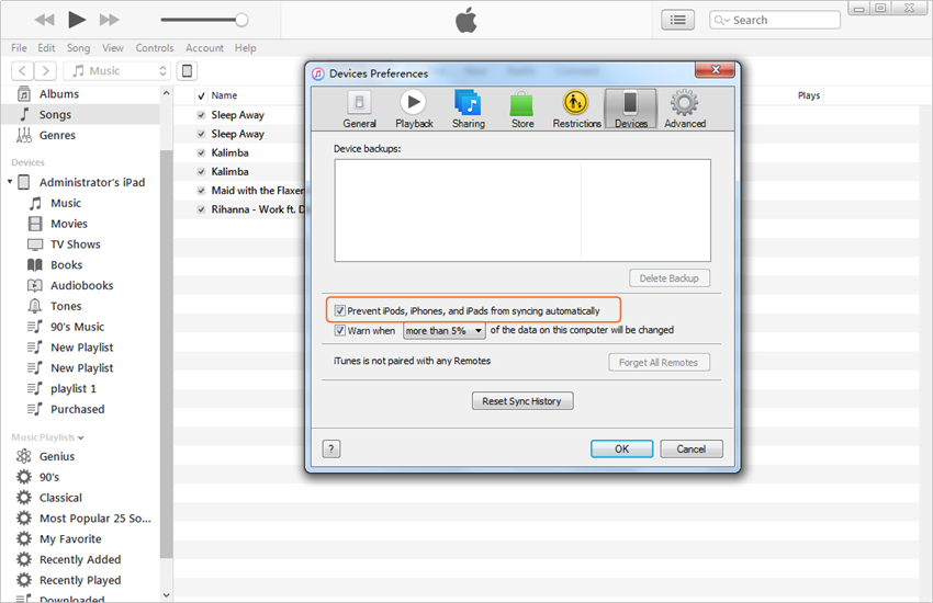 Transferir Música do iPad para o iTunes - Desativar a Sincronização Automática