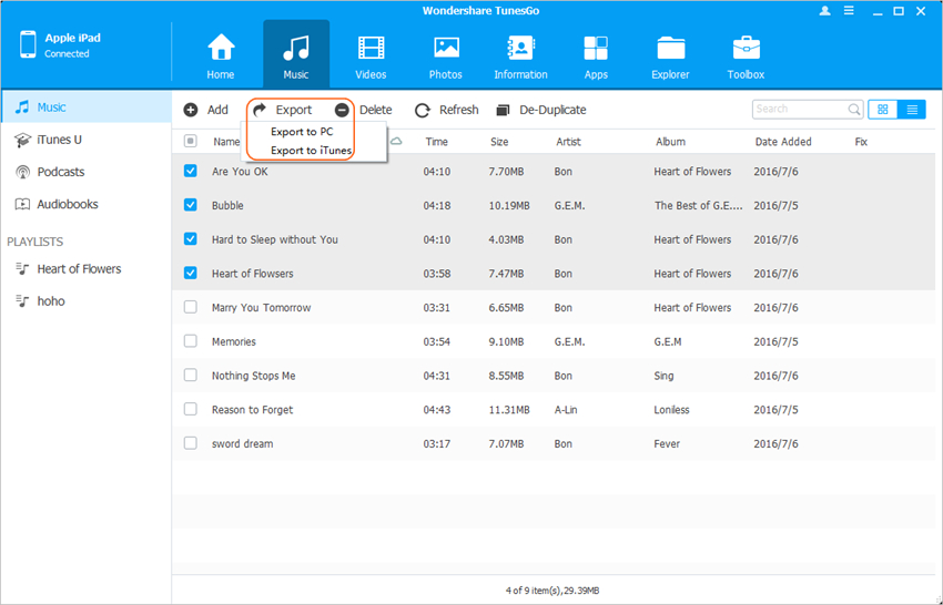 transfer music from iTunes to iPad with TunesGo - Export Music