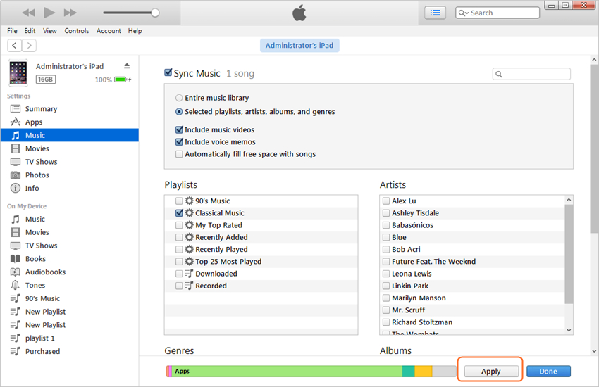 Transfer Music from iPhone to iPad with iTunes -  Sync in progress 