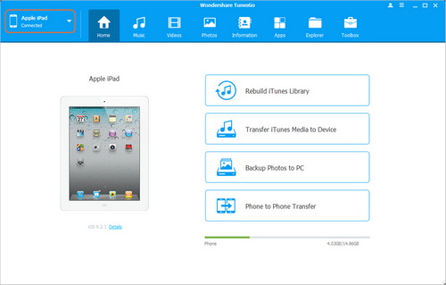 Transfer Contacts from iPad to iPhone Directly - Start TunesGo and Connect Devices