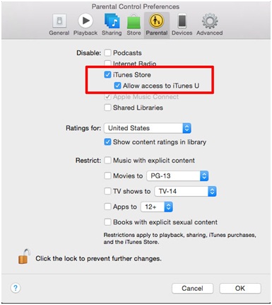 iPhone Cannot Connect to iTunes Store - Enable Allow Access to iTunes U again