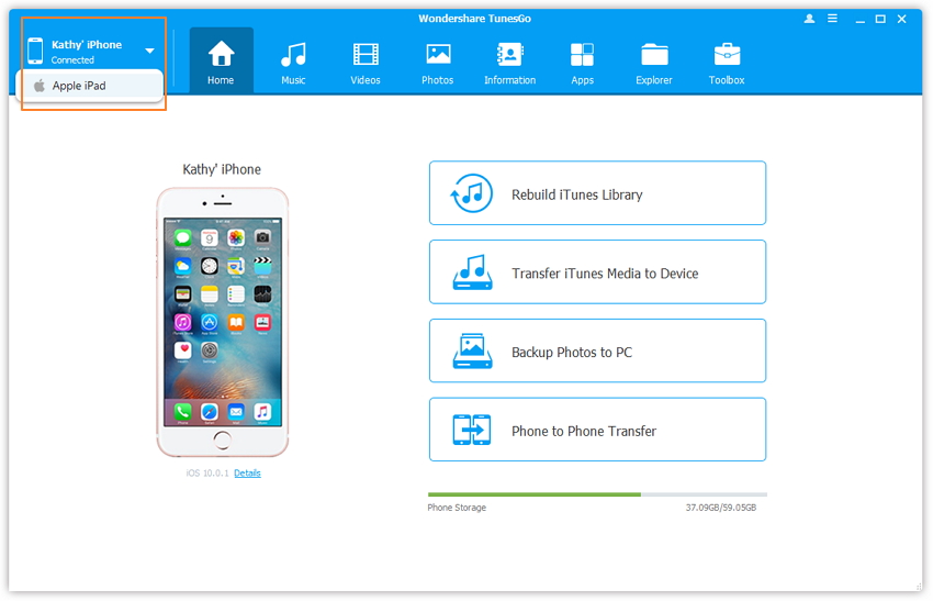 connect iPhone to iPad-connect to TunesGo and detect 