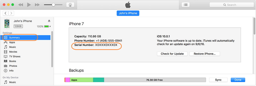 how to find iphone serial number-via iTunes