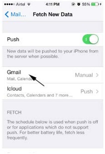 مزامنة تقويم iPhone - اضغط على Gmail في جلب بيانات جديدة