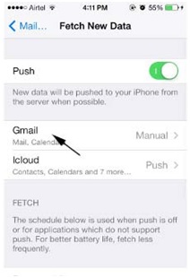 Synchronizace kalendáře pro iPhone – Klepněte na Gmail v části Načíst nová data