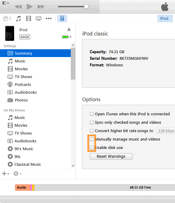 Set The iPod As A Hard Disk Manually - step 4: Select Enable disk use or Manually manage music and videos