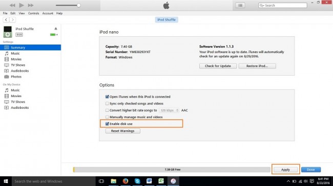 How to transfer iPod to New computer-open itunes and connect ipod, Enable Disk Usage