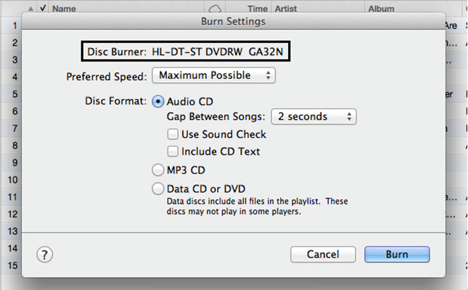 Trasferimento iTunes a un altro computer-Burn settings