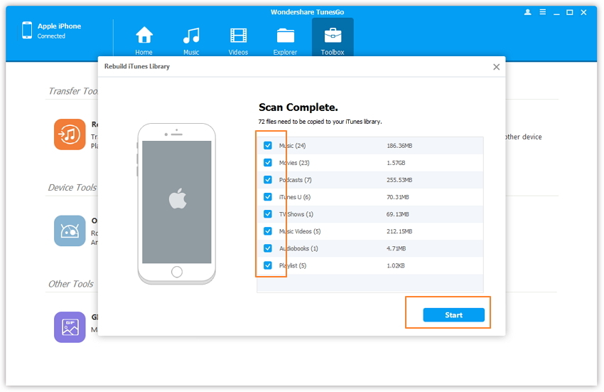 Copy Playlists from iPod, iPhone, iPad to PC - click Start 