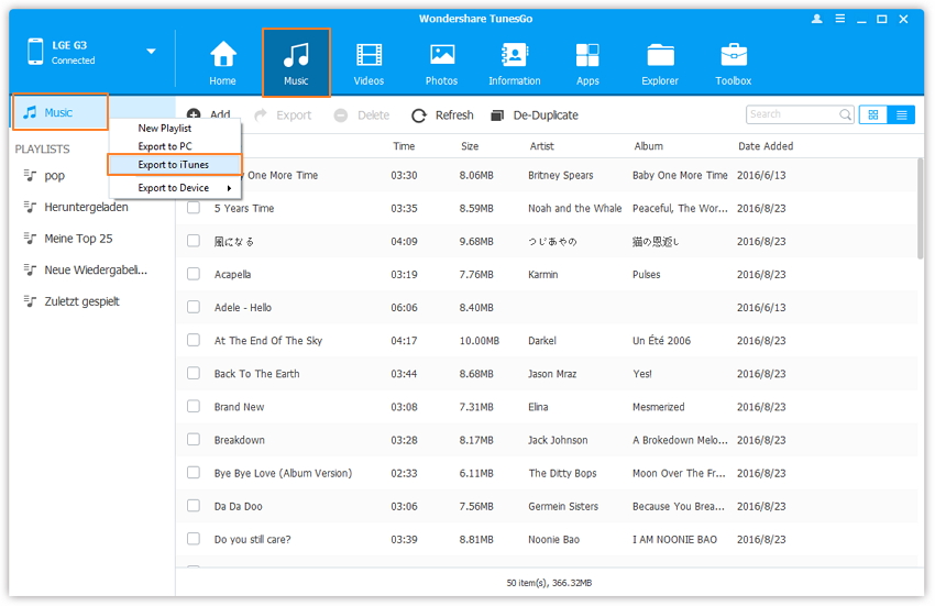 Sync iTunes with Andorid-Export to iTunes
