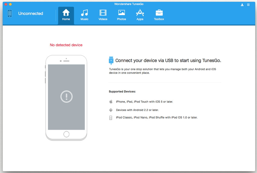 Transfer Music from iPod to Mac with TunesGo (Mac) - step 1: begin TunesGo (Mac)
