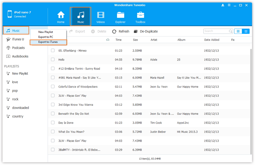 How to transfer music from iPod to iTunes-select music and copy to itunes