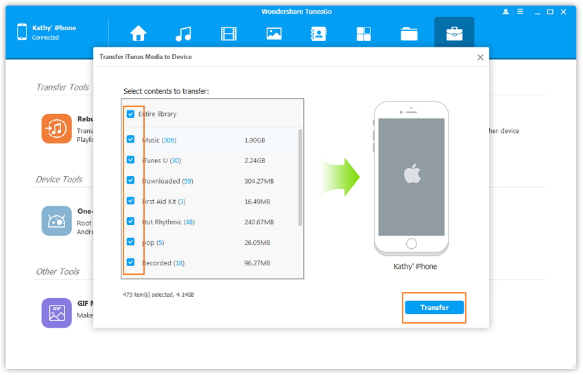 TunesGo- step 4: select Playlist and click Transfer to get started