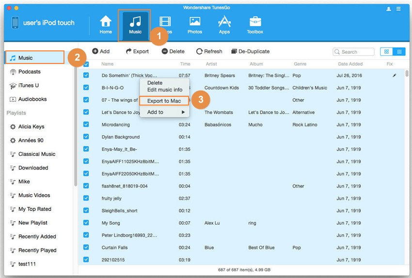 Transfer Music from iPod to Mac with TunesGo (Mac) - step 3: click To Mac