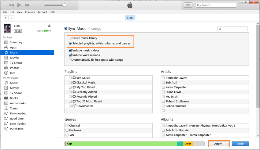 Transferir música do computador para o iPad com o iTunes