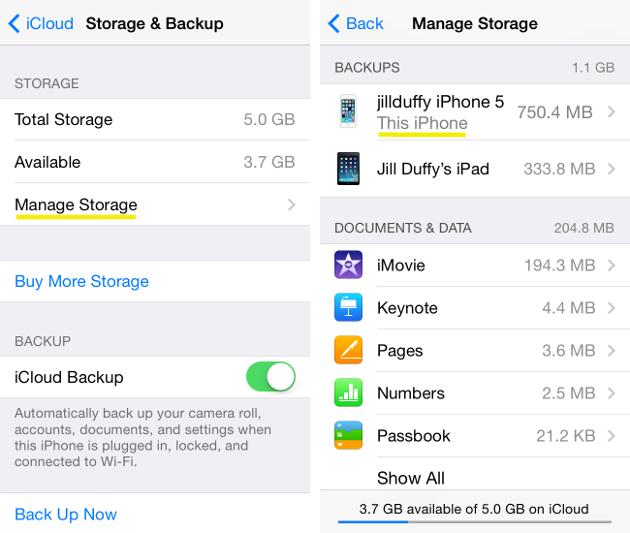 Transferir música do iPhone para o iCloud - liga ou desliga os dados de que pretende fazer o backup