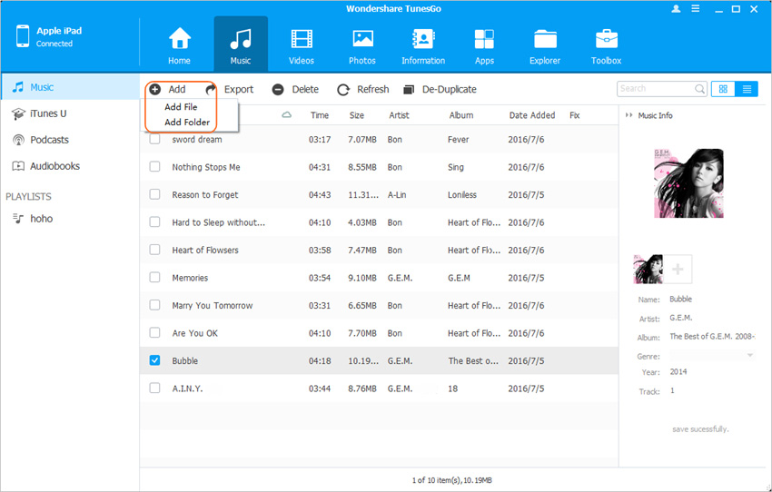 Software de Transferencia del Computador Personal al iPad – Importa Música