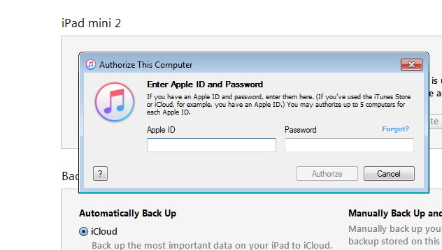 Sincronizando el iPad con nueva ordenador usando iTunes - paso 4:Provee un  ID Apple y contraseña