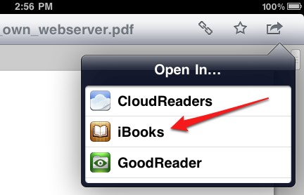 Transferir Archivos PDF desde la PC al iPad con Dropbox  - selecciona iBooks desde la lista desplegable