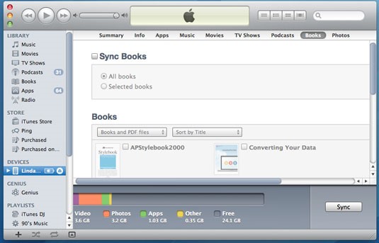 Transfiere archivos PDF desde la PC al iPad con iTunes - haz clic en Libros y Sincronizar