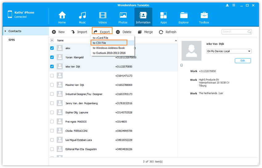 how to export contacts from iCloud to CSV with TunesGo