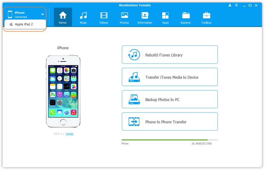 Transfiere música del iPad al iPhone usando TunesGo - Paso 2: Conectar tanto el iPad como el iPhone a tu PC