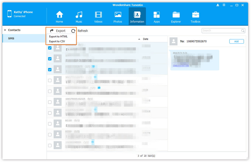 Transferir Mensajes de Texto desde el iPhone hacia el Ordenador con TunesGo 