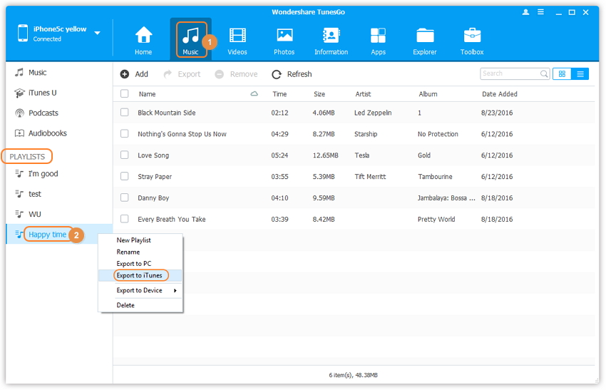Copia Listas de Reproducción de iPhone a iTunes con TunesGo (Windows)