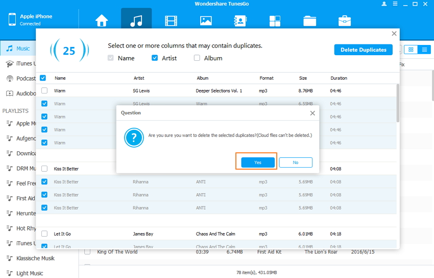 Eliminar Canciones Duplicadas en iPod/iPhone/iPad-confirmar para eliminar