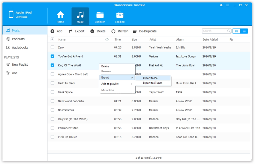 Copiar música desde el iPod a la unidad flash USB con TunesGo - seleccionar y exportar los archivos seleccionados