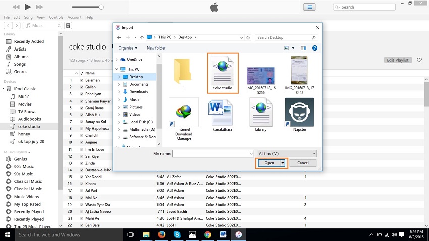 Transfiera las listas de reproducción del iPod a iTunes-Haga clic en abrir para importar las Listas de Reproducción