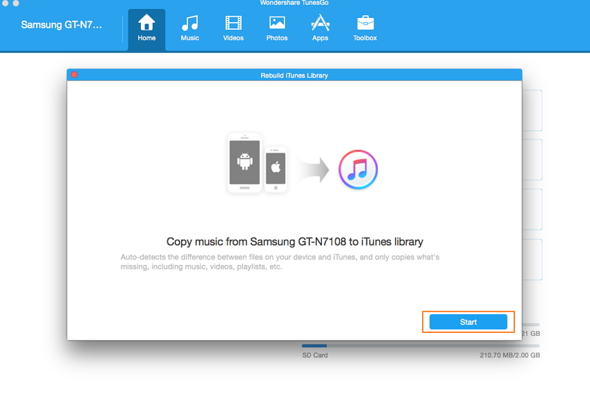 cómo transferir música desde android a iTunes-click start