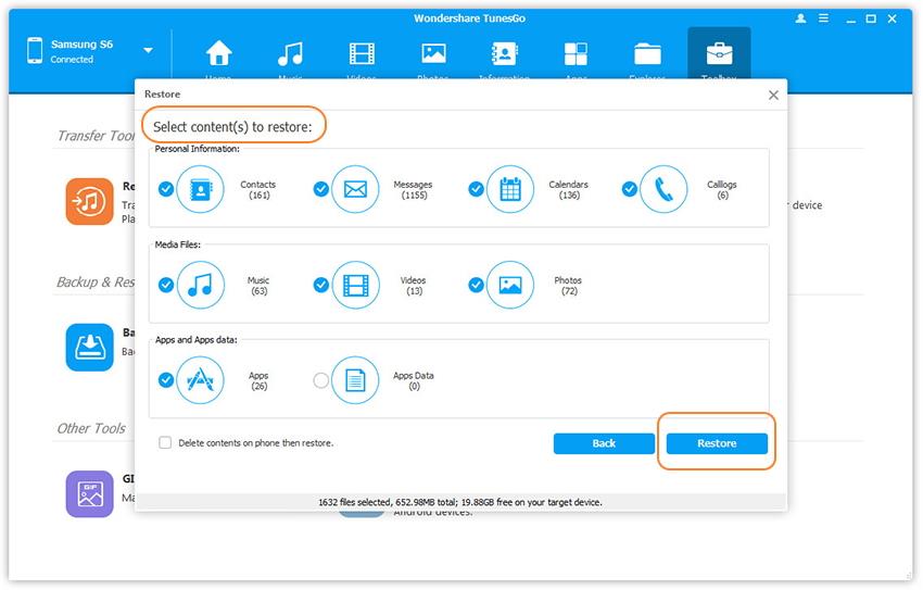 restauración de archivos Android a Galaxy S8 en un solo clic