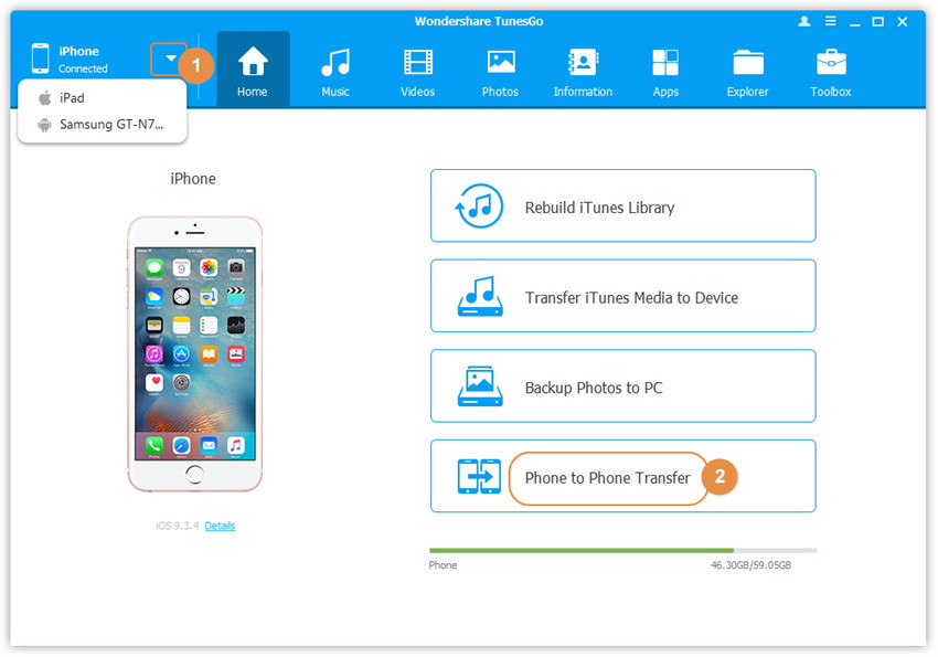 Transferir datos desde el iPhone a HTC paso 2