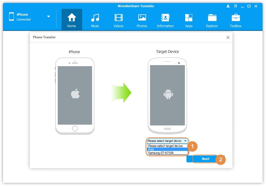 1-Click Phone to Phone Transfer - Select the target device