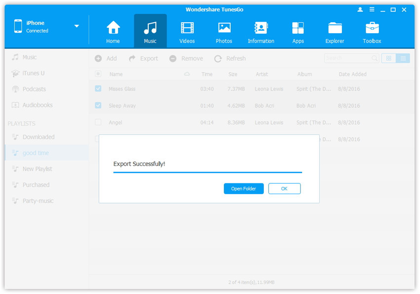 Transfer Playlists from iPhone/iPad/iPod to Computer - Export successfully 