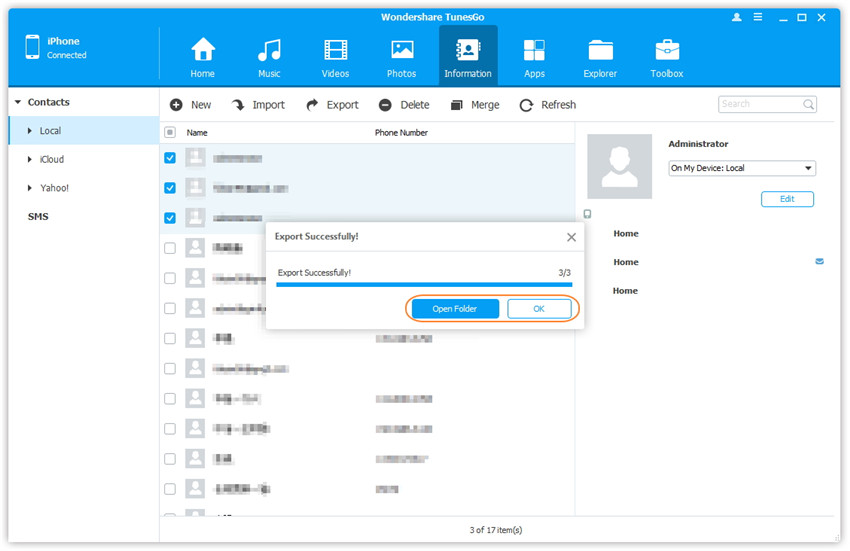 Backup Contacts from iPhone/iPad/iPod touch to Computer - Export successfully